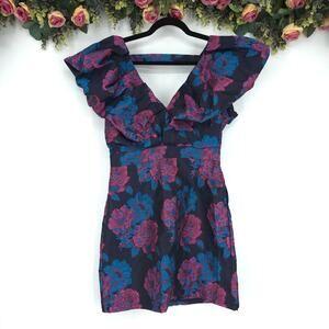entro Floral Deep V-neck Puff Shoulder Mini Dress Size Large NWT